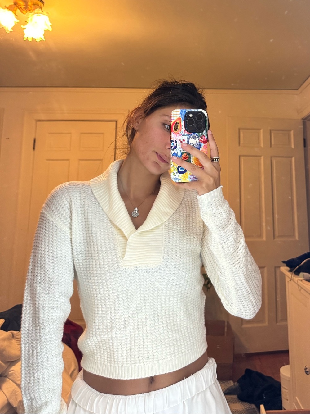 Urban Outfitters Cozy Ivory Knit Shawl-Collar Sweater